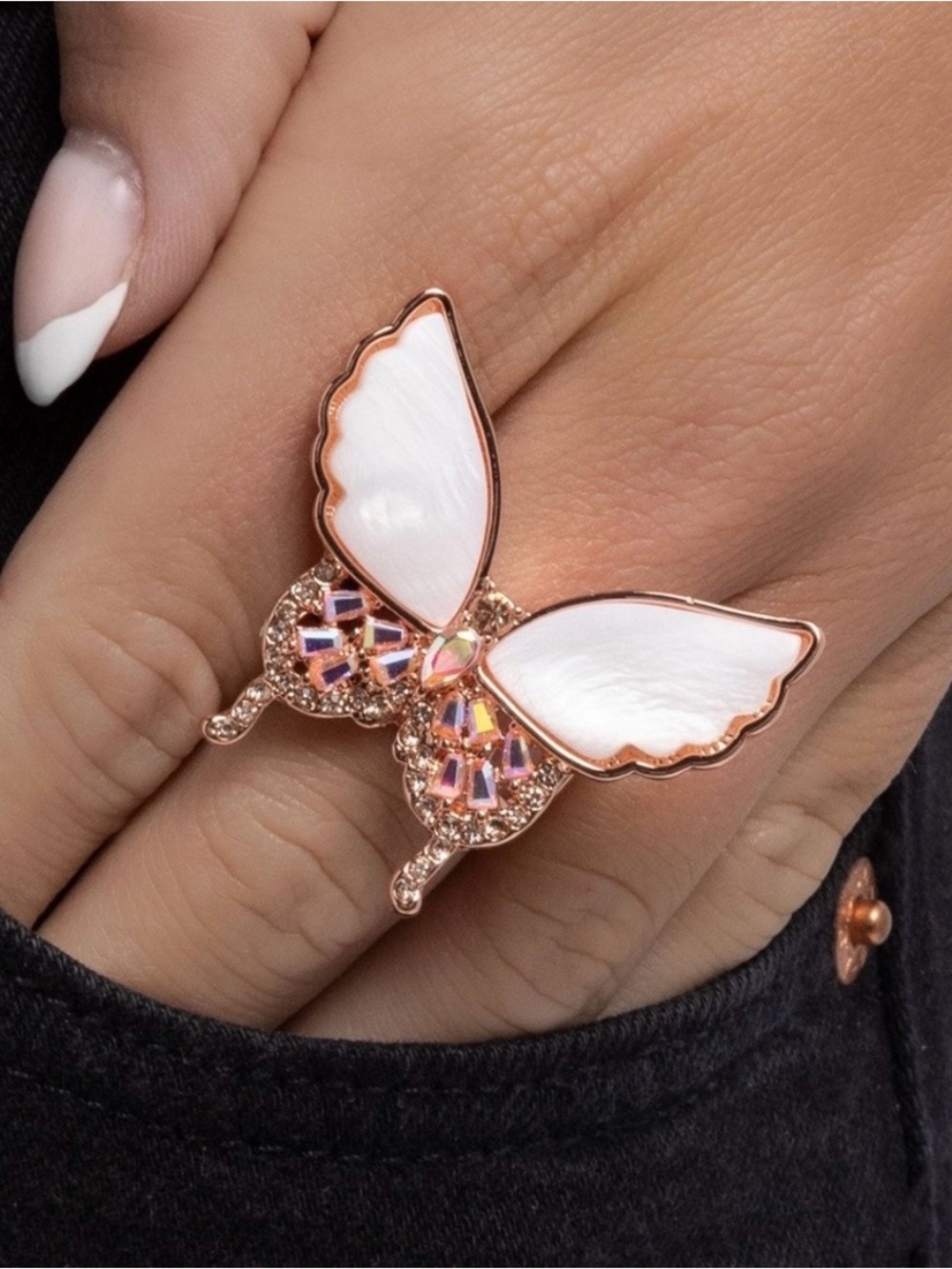 Paparazzi White Shell Butterfly Stretch Ring Rose Gold AB Rhinestone